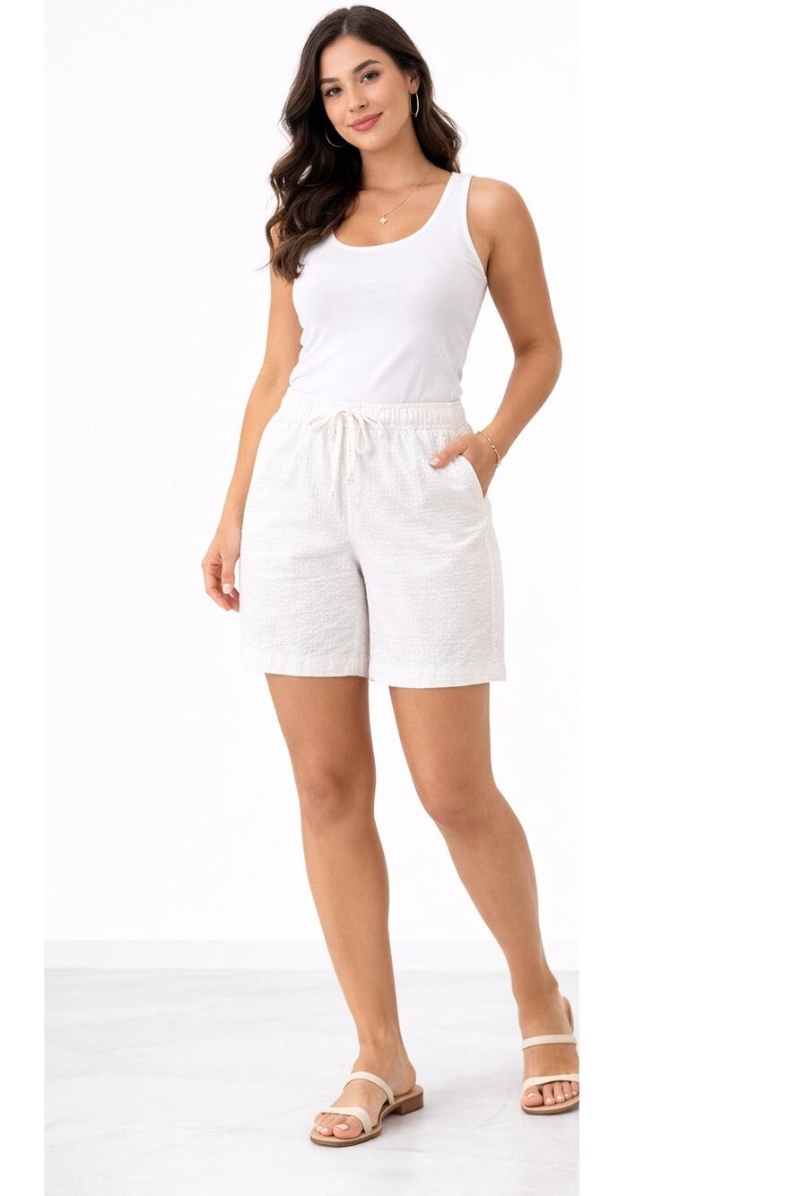 d&co Denim & Company Women’s MP White Pull-On Shorts Stretch Cotton Textured